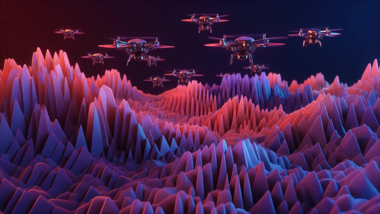 Sciame di droni futuristici che volano sopra un paesaggio digitale astratto