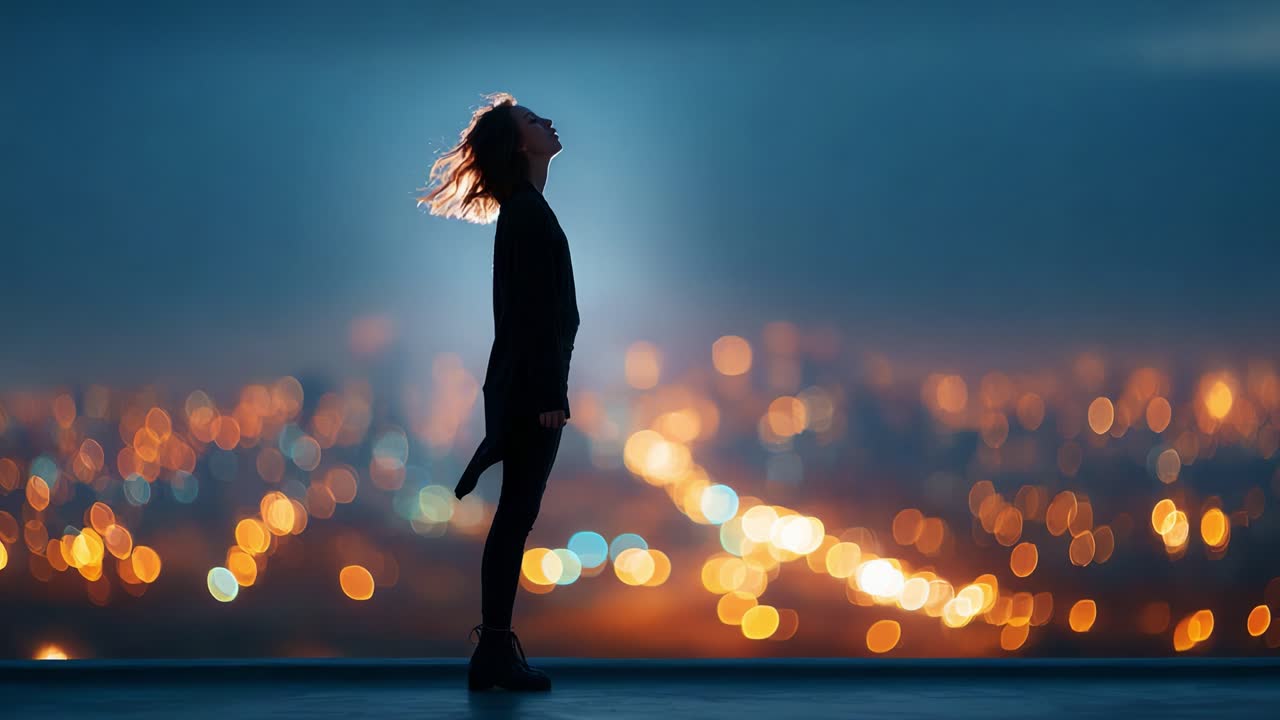 A silhouetted figure stands against a mesmerizing urban night backdrop, with glowing lights illuminating the skyline, capturing a moment of tranquility and wonder amidst the hustle of the city