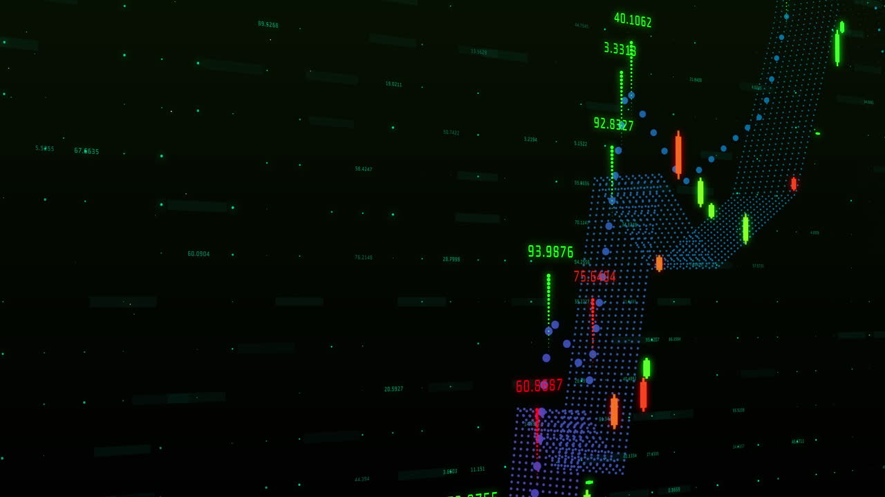 gráfico multicolor y números que se mueven contra un fondo negro