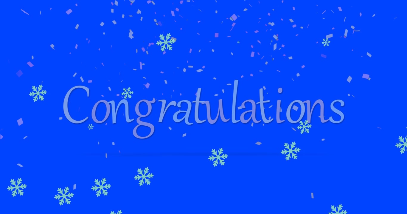 Animation of snowflakes and confetti falling over congratulations text banner on blue background