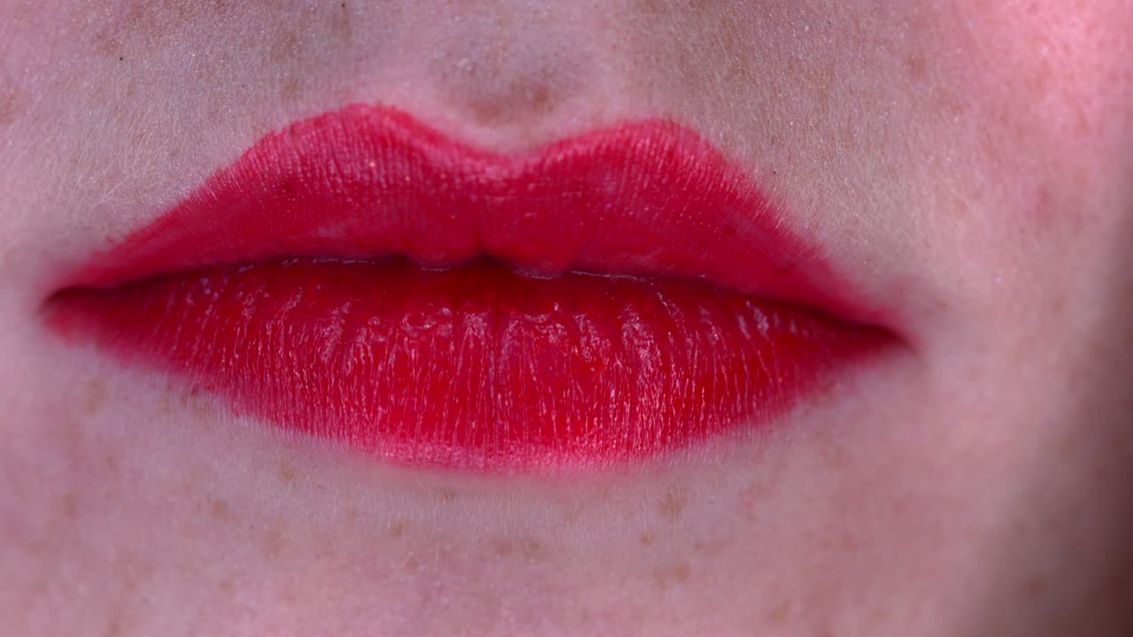 vista de cerca de los labios con lápiz labial rojo de una mujer joven que se abre para exponer su hermosa sonrisa