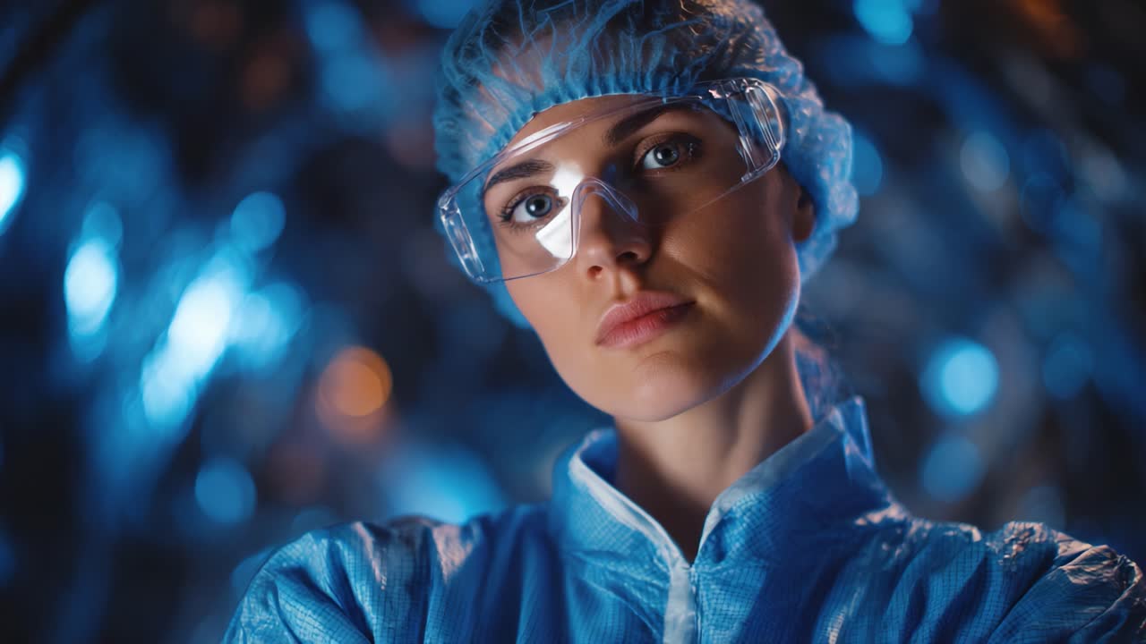 Un professionista concentrato in un ambiente sterile che indossa dispositivi di protezione, che emana sicurezza e preparazione, circondato da un accattivante sfondo blu