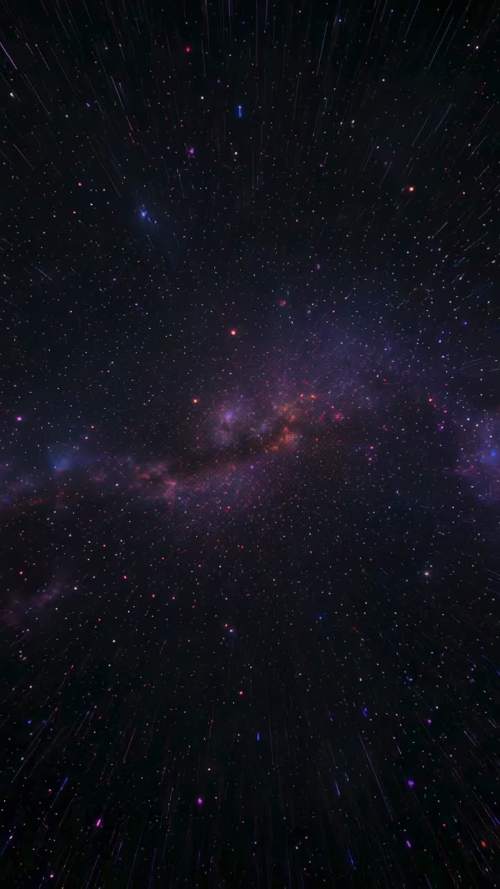 Vertical video: Zooming view through purple nebular band, red-orange stars intensifying, streaking