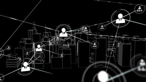 animación de redes de conexiones con iconos sobre el dibujo de la ciudad 3d girando sobre fondo negro