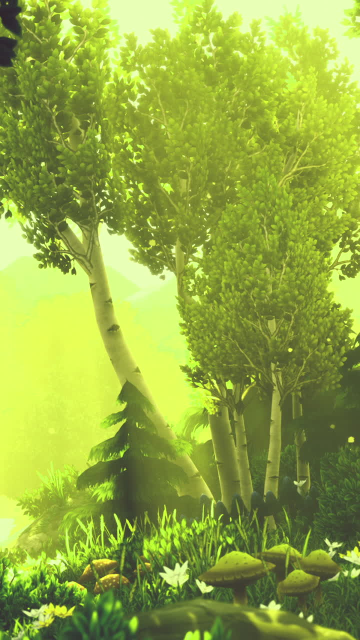 Sunlight filters through trees in a magical forest setting at dawn