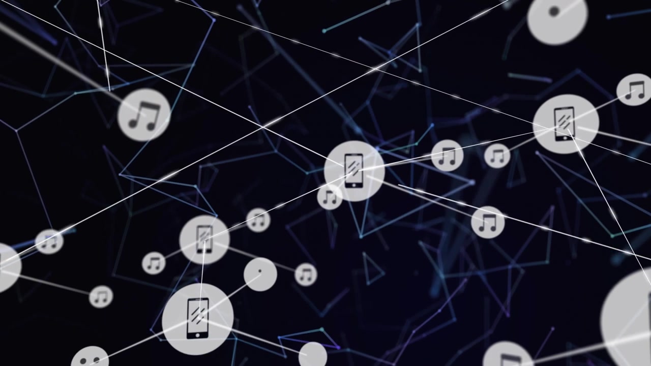 Center smartphone node appearing and spawning music chat icons, connector lines showing tech growth
