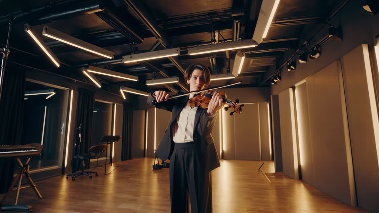 Violinist Performing in a Music Studio
