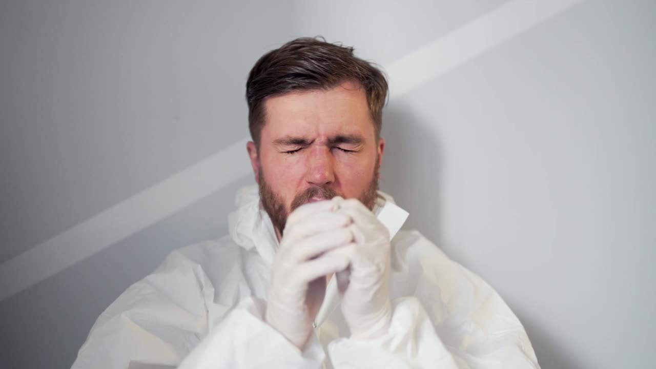 el médico con traje protector, después de un cambio severo, se sienta en el suelo y recupera la conciencia