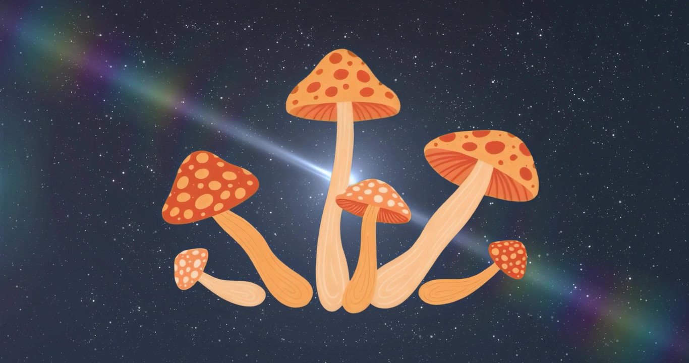 Rainbow-tinged light flare emerging from left drifting across mushroom cluster casting cosmic glow