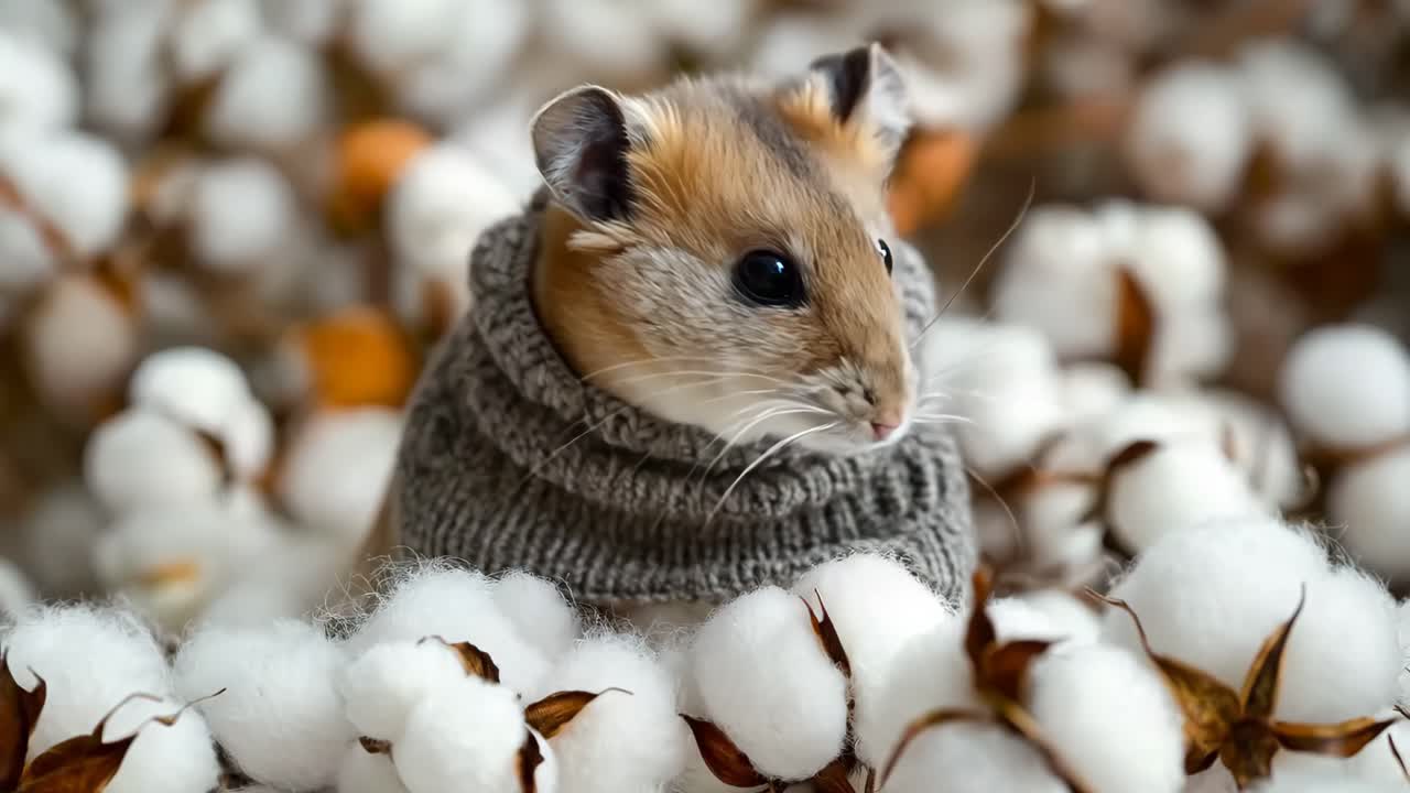 Un criceto che indossa un maglione seduto in un mucchio di cotone