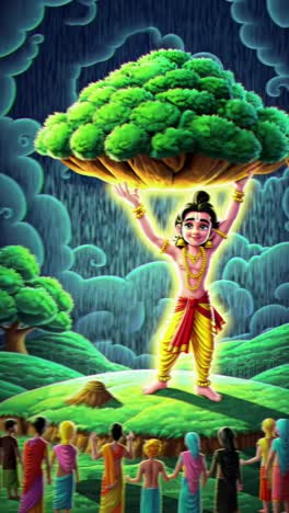 krishna sostiene el árbol durante la lluvia
