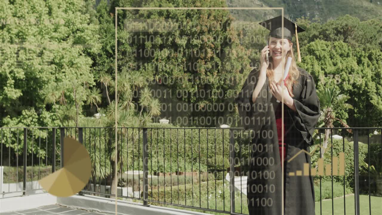 Woman grad answering phone call on terrace with diploma marking education charts rising around her