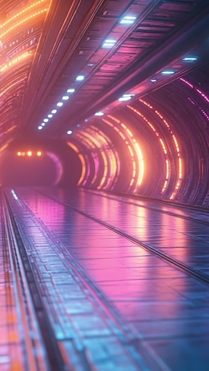Bright, glowing tunnel scene. Vibrant lights illuminate a sleek tunnel with reflective surfaces, creating a striking futuristic atmosphere.