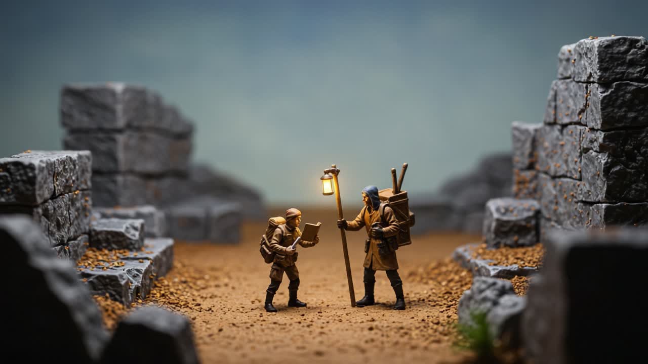 In un paesaggio desolato, due figure in miniatura conversano sotto il debole bagliore di una lanterna, evidenziando temi di esplorazione, cameratismo e il viaggio attraverso un terreno accidentato.