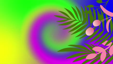animación de hojas y flores en movimiento sobre un patrón espiral multicolor borroso.
