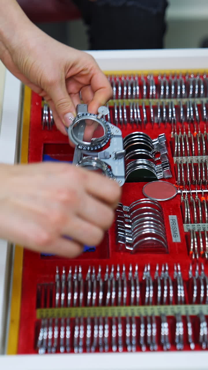 Glasses accessories in optometrist's office. Doctor opens the drawer and takes trial frame with lenses. Optical instruments in clinic. Ophthalmology concept. Vertical video