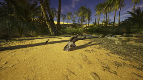desert landscape featuring a unique creature at the waters edge during daytime