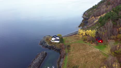 bird's eye view of cabin with small whaf and tranquil water in norway