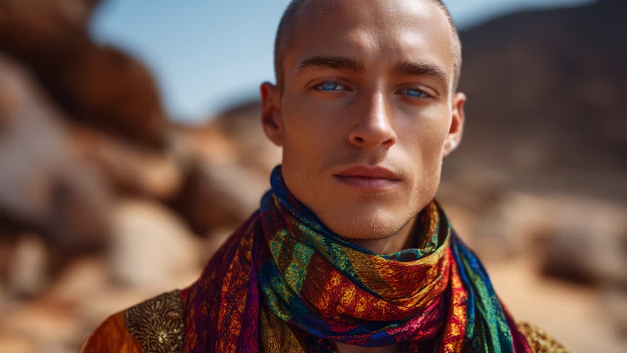 Ritratto accattivante di un giovane uomo con occhi azzurri sorprendenti e una sciarpa colorata in un ambiente naturale all'aperto, che mette in mostra una moda unica e un'espressione forte