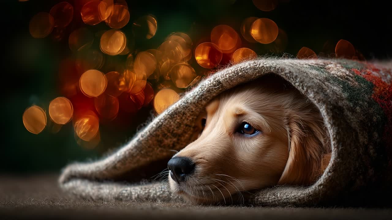 A Beautiful Golden Retriever Puppy Snuggled Comfortably Under a Cozy Blanket, Highlighting Its Peaceful Expression Amidst a Warm, Soft Holiday Glow in the Background