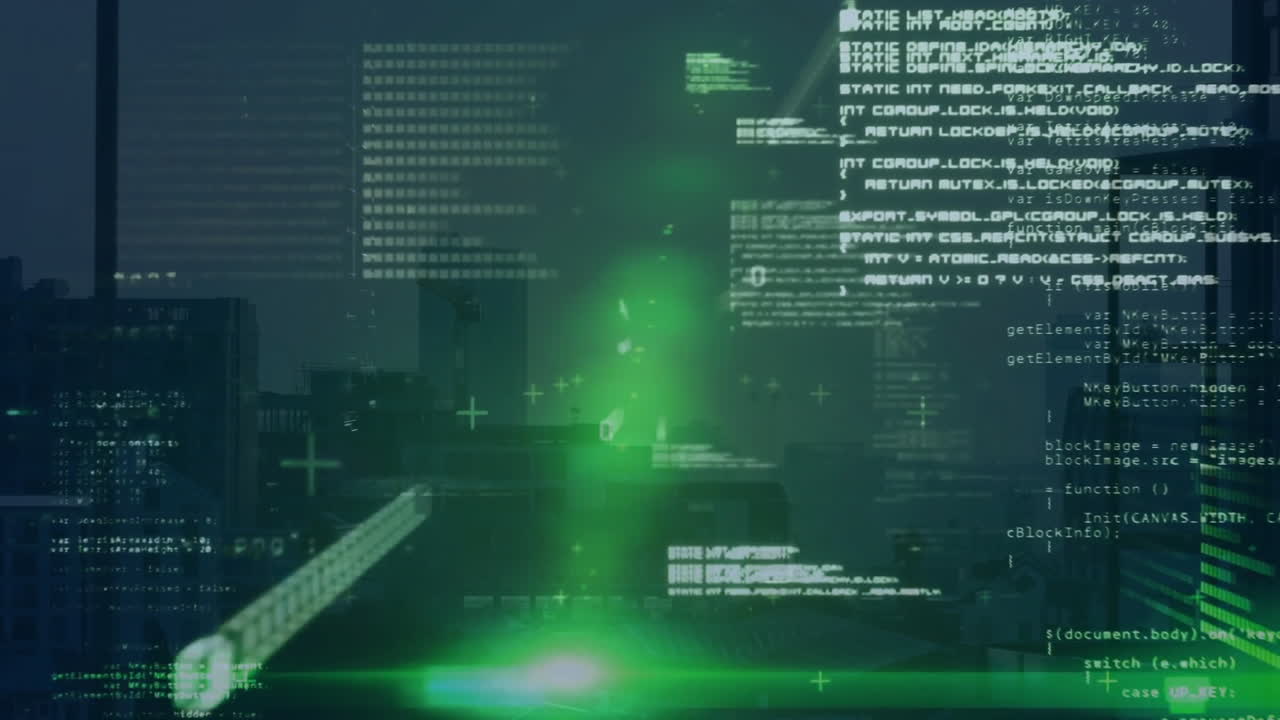 Green digital code and data processing animation over cityscape at night