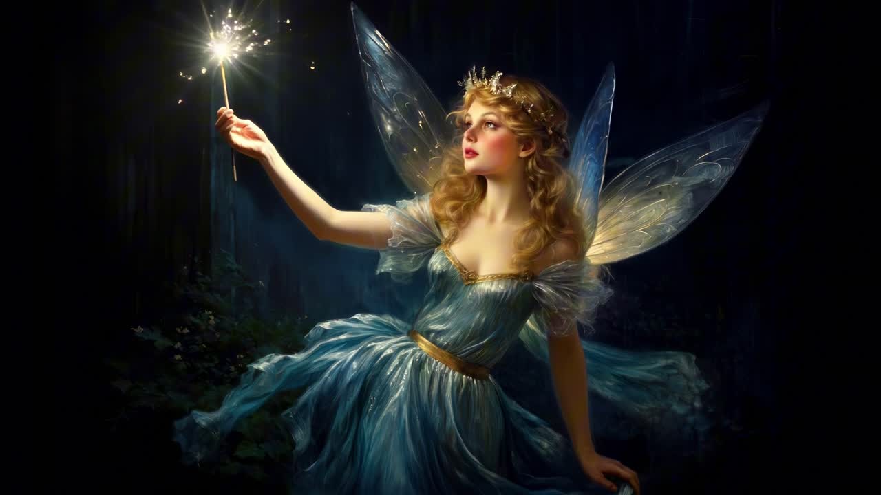 Enchanting fairy in a blue dress holds a glowing wand. Captured from a low angle, the scene