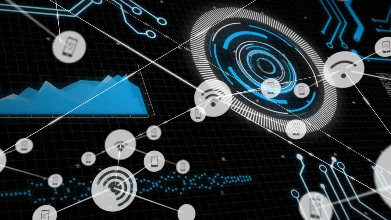 animación de la red de conexiones con iconos sobre el procesamiento de datos