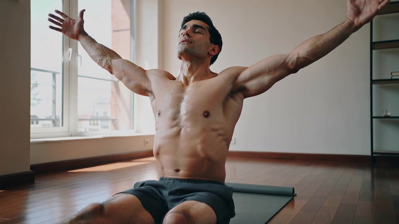 Finishing set, shirtless man in dark shorts raising lowering arms, closing eyes on mat at home