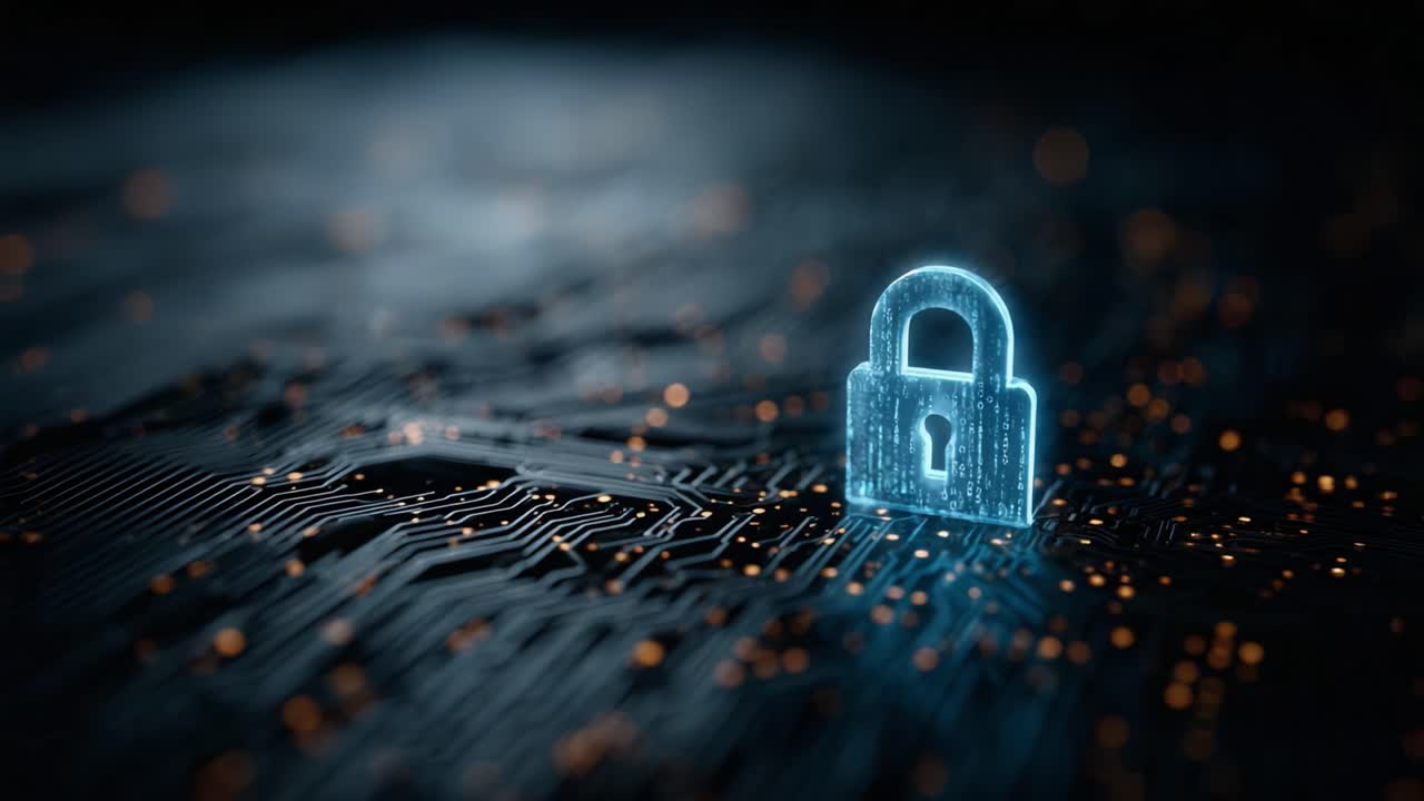 A Close-Up View of a Digital Lock Illuminated on a Circuit Board Background, Symbolizing Cybersecurity and Data Protection Concepts in the Modern Digital Age