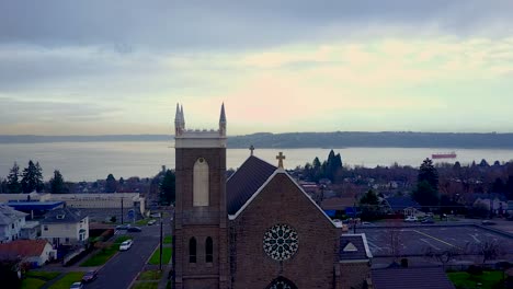 rotating aerial shot of church of st. patrick, tacoma wa