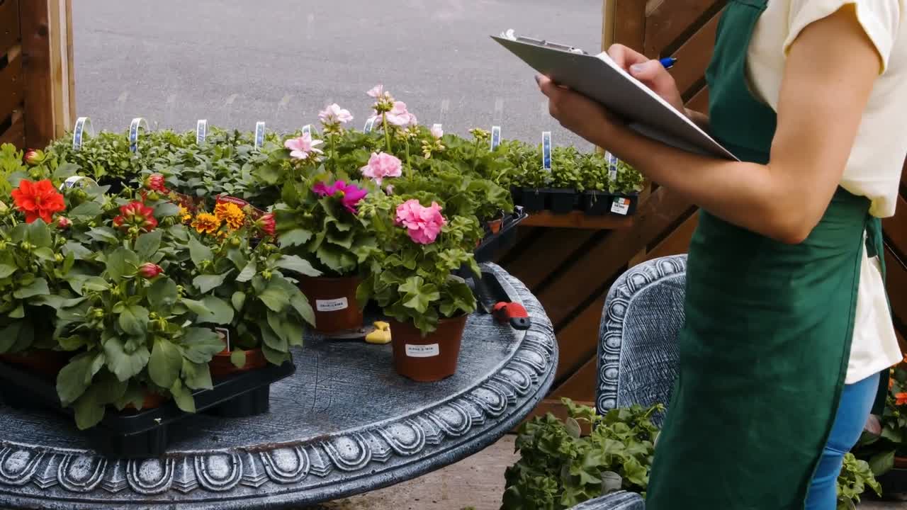 Květinářka píšící na podložku s klipem