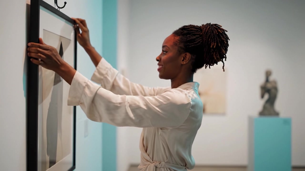 Spettatore d'arte contemplativo esamina opere d'arte mozzafiato in una galleria moderna, interagendo con pezzi che ispirano riflessione e apprezzamento estetico in un ambiente stimolante.