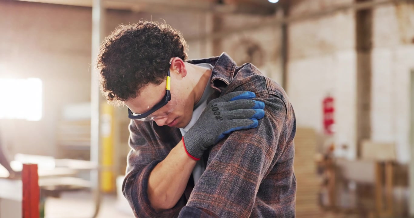 Young Carpenter Suffering From Shoulder Pain in Workshop