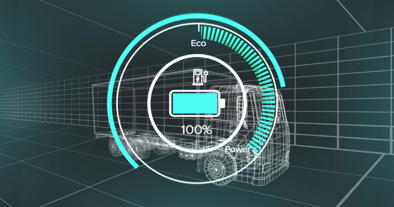 Animation af batteriniveau over el-lastbilprojekt på marineblå baggrund