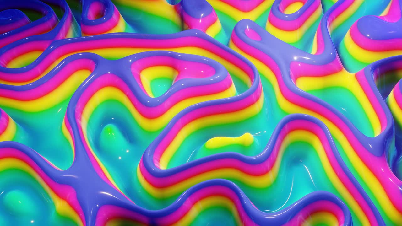 patrón ondulado abstracto en una superficie brillante y brillante, color arco iris de gradiente líquido, ondas en el fluido de pintura en animación suave. brillo en líquido viscoso 3d. retroceso creativo
