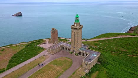 close-up drone view of the cap fréhel peninsula lighthouse complex near cliff edge by the seaside, côtes-d'armor, brittany, france.