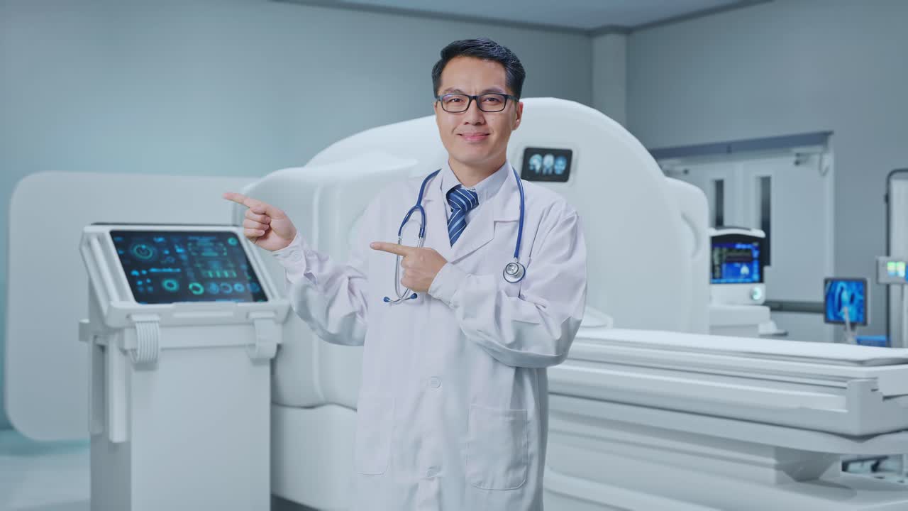 Asian Male Doctor Smiling And Pointing To The Side With MRI Machine In The Hospital