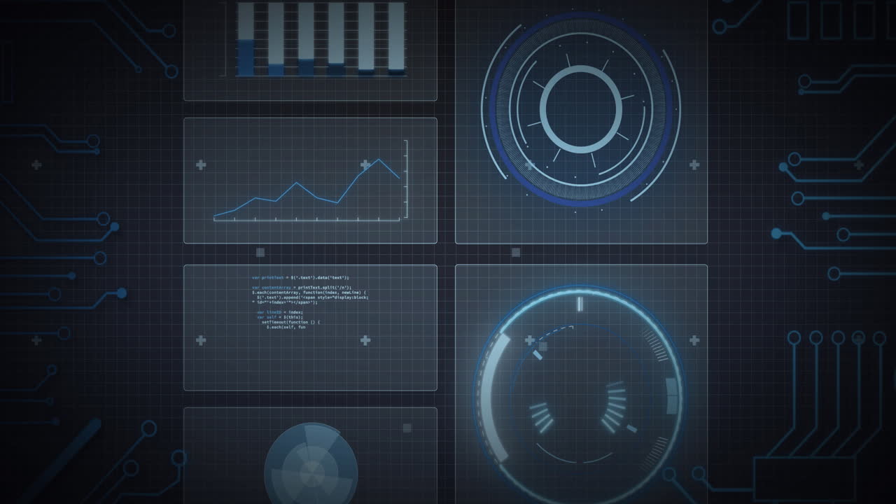 Animation of scope scanning, processor elements and data processing on screens over grid