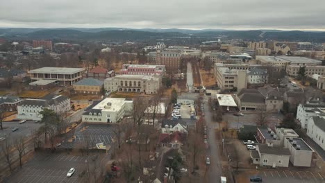 this aerial shot takes place over the downtown fayetteville arkansas area