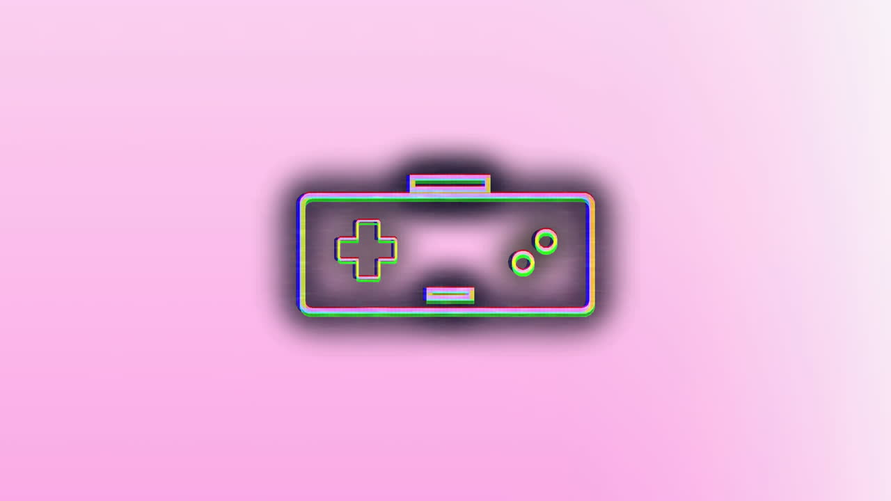 Retro game controller with neon outline on pink background, animation style
