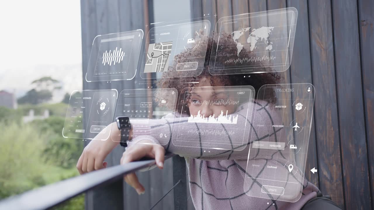 AR panels appearing, woman leaning balcony gesturing at charts, checking smartwatch for tech data