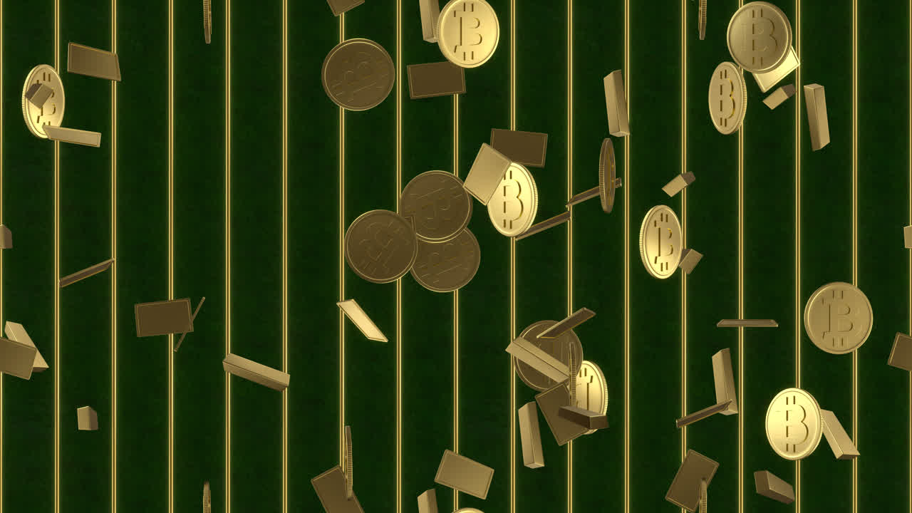 bitcoin, barras y lingotes de oro en el fondo de los azulejos de bucle