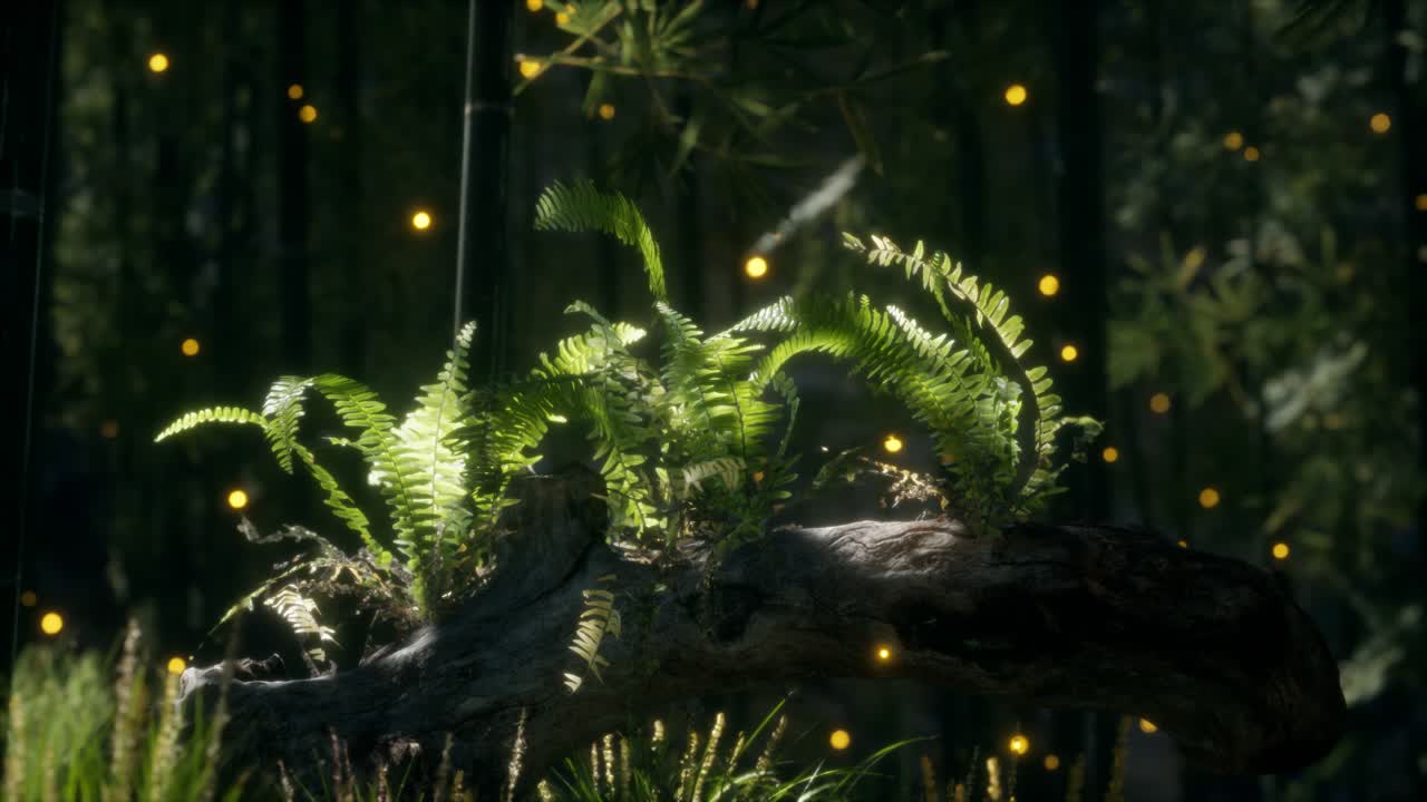 horizontally bending tree trunk with ferns growing, and sunlight shining