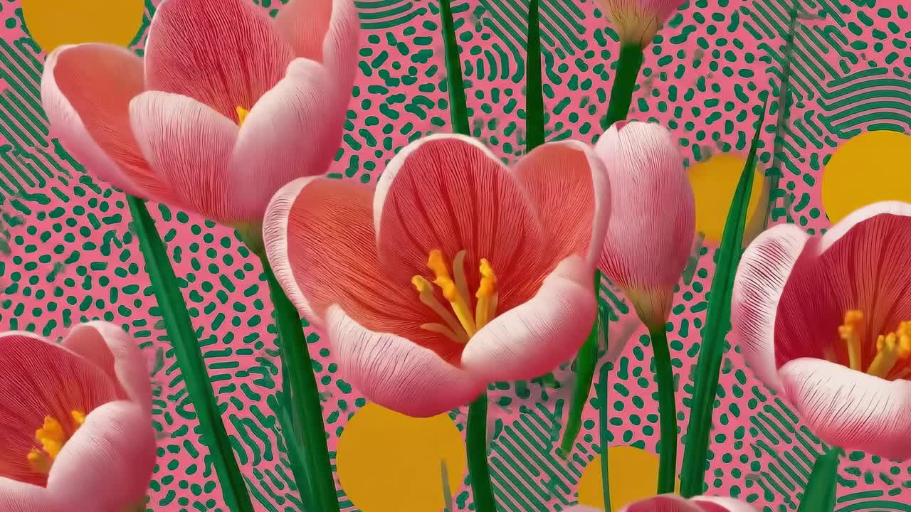 Close-up video angle of pink tulips against a vibrant, abstract patterned backdrop