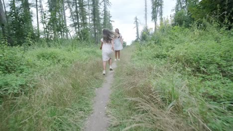 a pregnant woman and her young daughter, both dressed in white, walk hand-in-hand through a grassy park. the scene captures a serene moment of family bonding in nature, surrounded by trees.