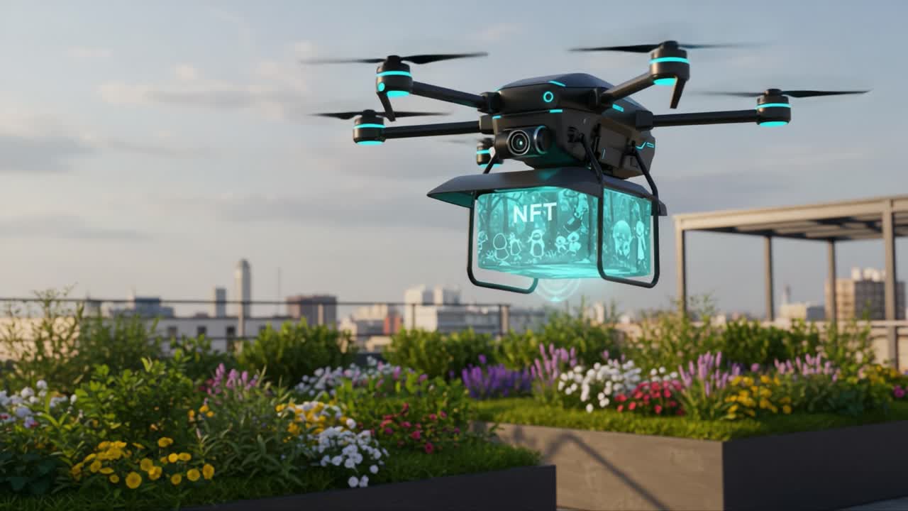 A Cutting-Edge Drone Showcasing NFT Technology Above a Vibrant Rooftop Garden, Merging Nature with Digital Innovation in a Stunning Urban Landscape