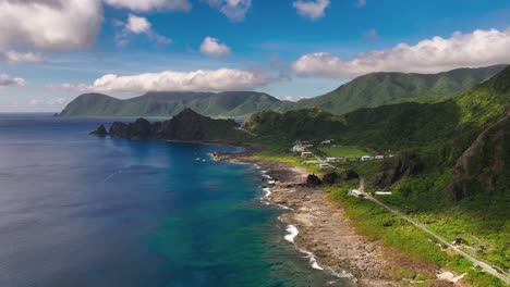 Aerial-view-of-Beautiful-coastline-with-green-island-and-blue-clear-ocean-in-Taiwan