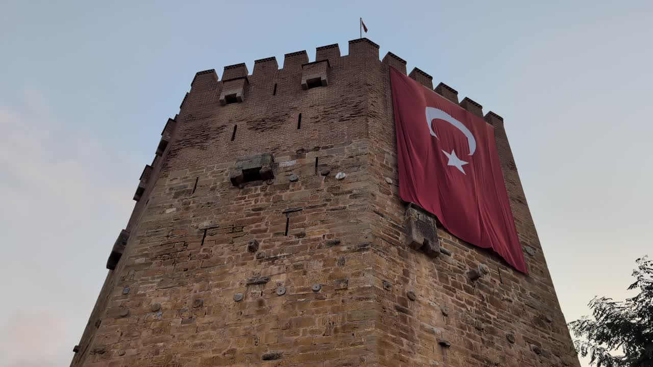 Iconic view of the Red Tower (Kızıl Kule), a 13th-century Seljuk structure located in the coastal city of Alanya, Turkey