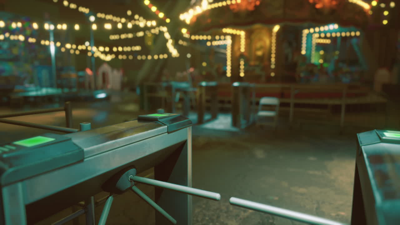 Turnstiles at a lively carnival with colorful lights during the evening
