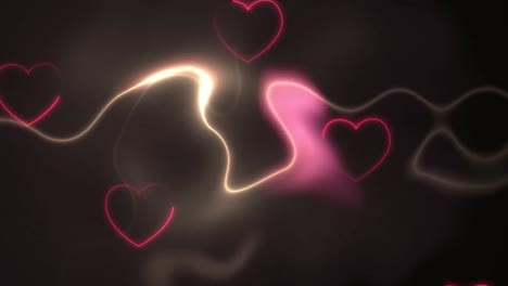 Animation-of-glowing-wave-and-glowing-heart-shapes-on-black-background